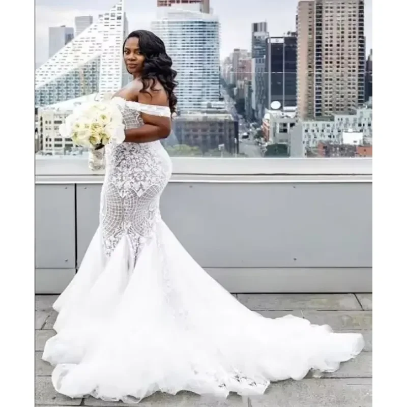 فساتين زفاف حورية البحر الأفريقية مقاس كبير مخصصة من Vestido De Noiva بدون أكتاف من الدانتيل فساتين زفاف رداء Mariage #4