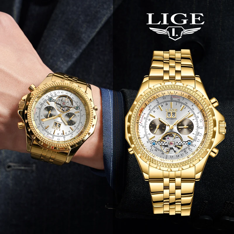 LIGE Brand Men\'s Watches Automatic Tourbillon Mechanical Watch for Men Week Date Luminous Waterproof Gold Watch Man Reloj Hombre