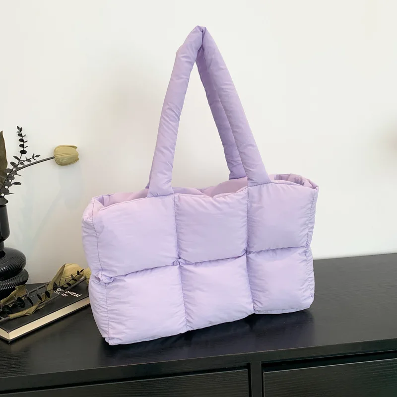 Women Tote Handbags Quilted Plaid Bag Retro Trendy Checkered Waterproof Shoulder Bag Solid Color Winter Soft Large Capacity Bags