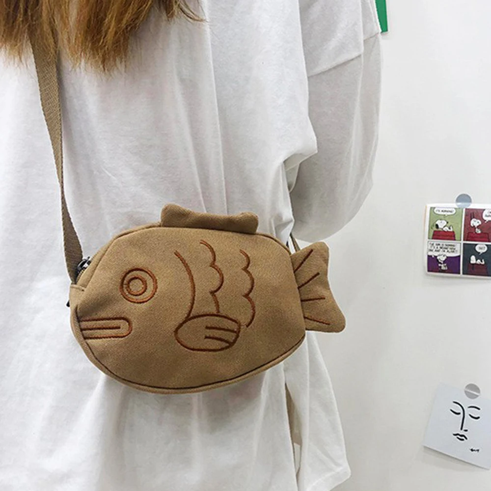 

Fish Shape Canvas Messenger Bag Fashion Cute Embroidery Portable Zippered Small Purses Handbags Mini Crossbody Bag