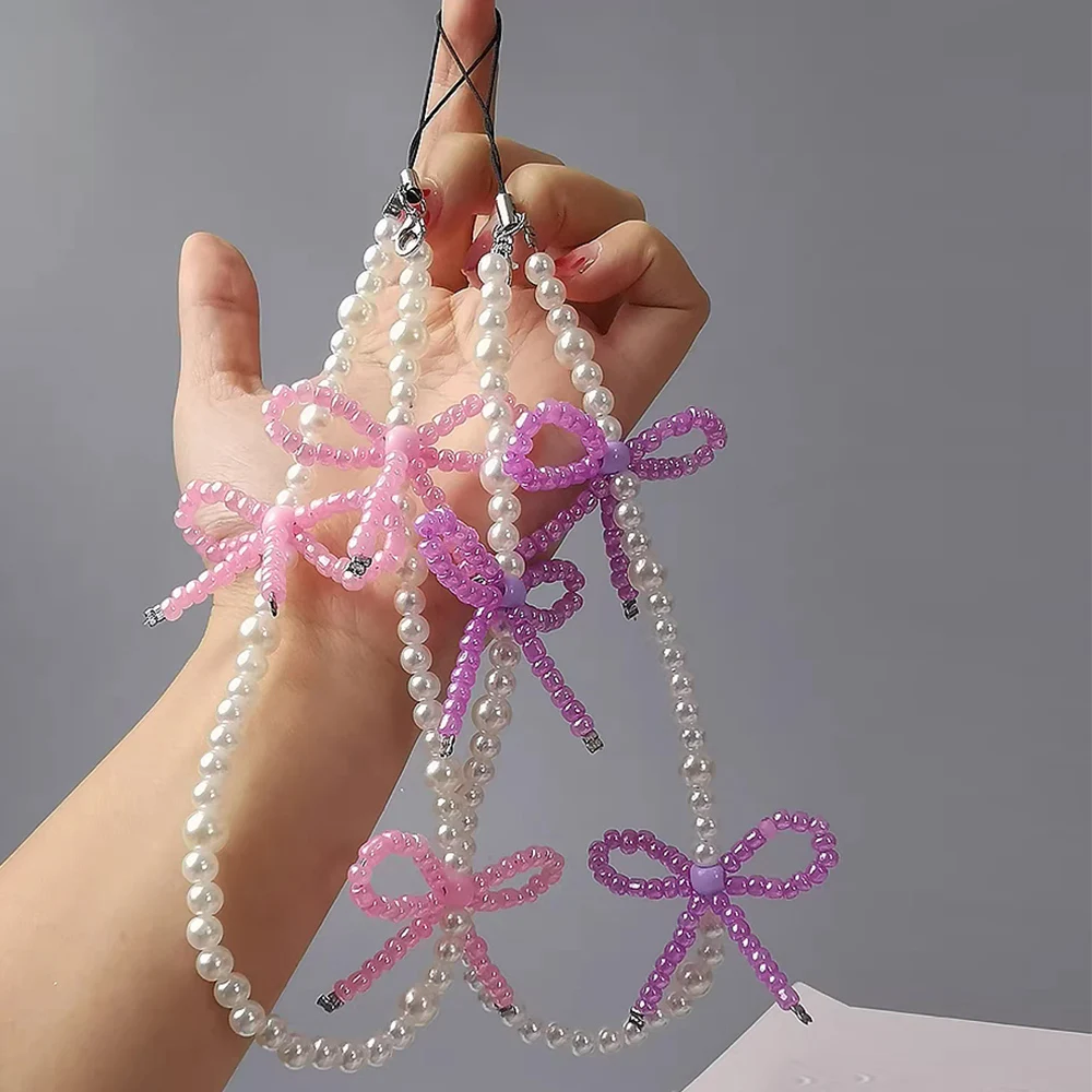 Y2K Bow Pearl Phone Chain Strap Charm Chain Knot Cellphone Lanyard Keychain Woman Girl Bag Camera Pendant For Airpods Case