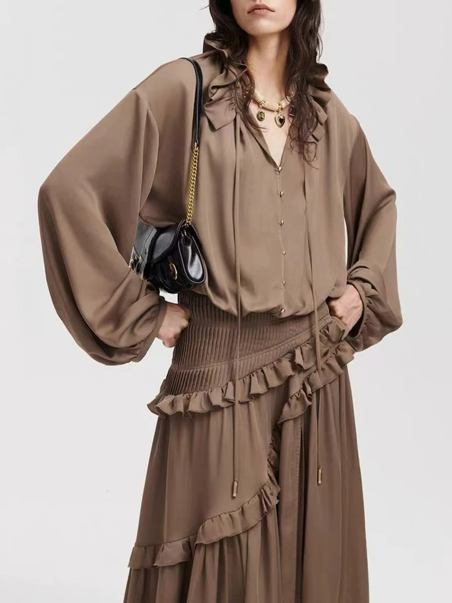 TWOTWINSTYLE Vintage Loose Spliced Ruffles Folds Dresses for Women V Neck Long Sleeves Tunic Patchwork Lace Up Dress Female New