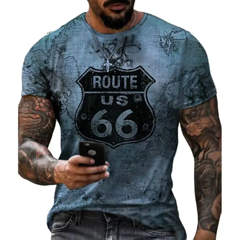 Camiseta Retro clásica para hombre, Camiseta con estampado 3d Hd, cuello redondo, transpirable, talla grande, moda de verano, Ruta Americana 66