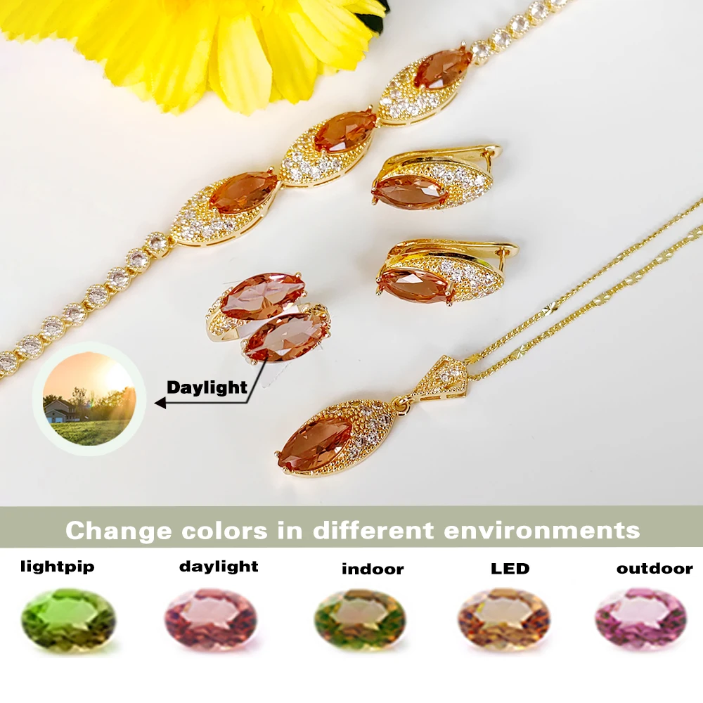 Color-changing suldanite Rectangular jewelry set adjustable ring necklace earrings in different lights have different colors