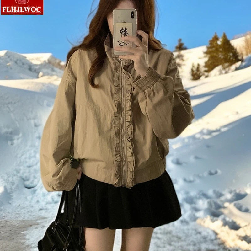 

Короткое пальто, верхняя одежда, новая модная женская одежда 2022, осень-зима, консервативный стиль, милые короткие куртки с длинными рукавами и оборками для девочек, пальто