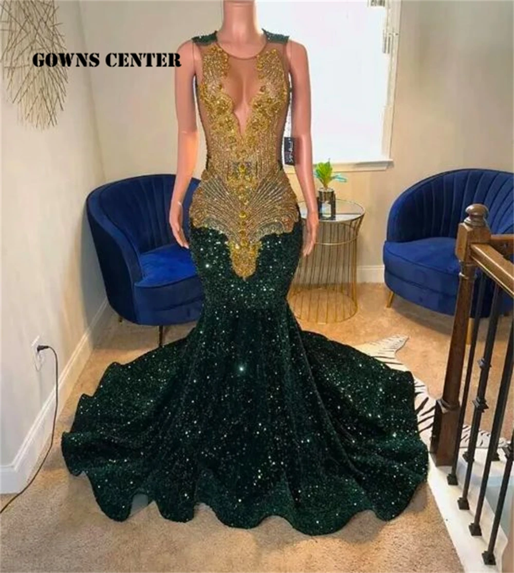 

Unique Green Sequin Gold Crystal Beaded Mermaid Prom Dresses Sexy Mesh Handmade Diamond Black Girl Gala Gowns Customized