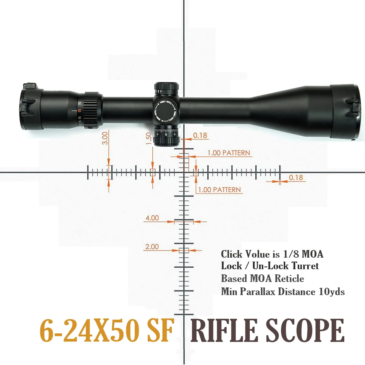 

Side Focus Long Range Rifle Scope, Illuminated Hunting Reticle, Side Focus, 6-24x50SF,. 308,. 338, 30mm Ring,