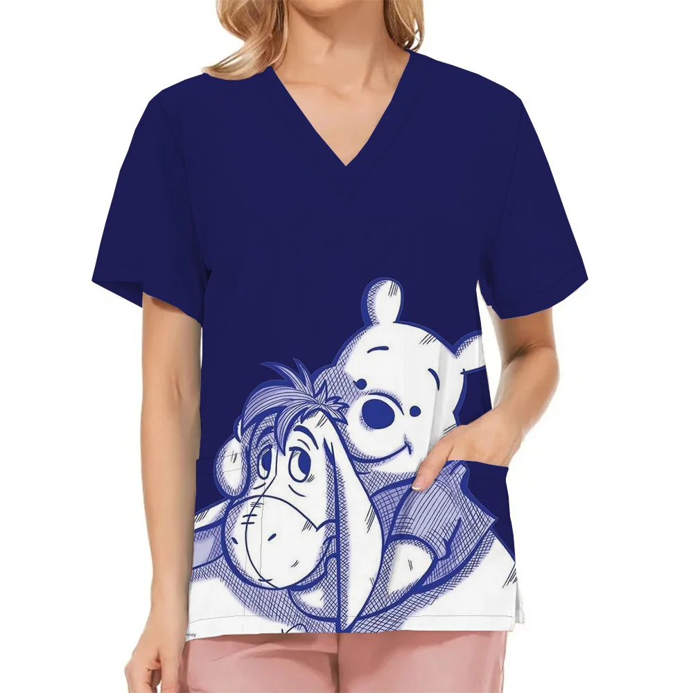 Winnie the pooh clínica hospital enfermeira workwear dentes impressão 3d camiseta feminina com decote em v bolso roupas médicas enfermagem trabalho superior