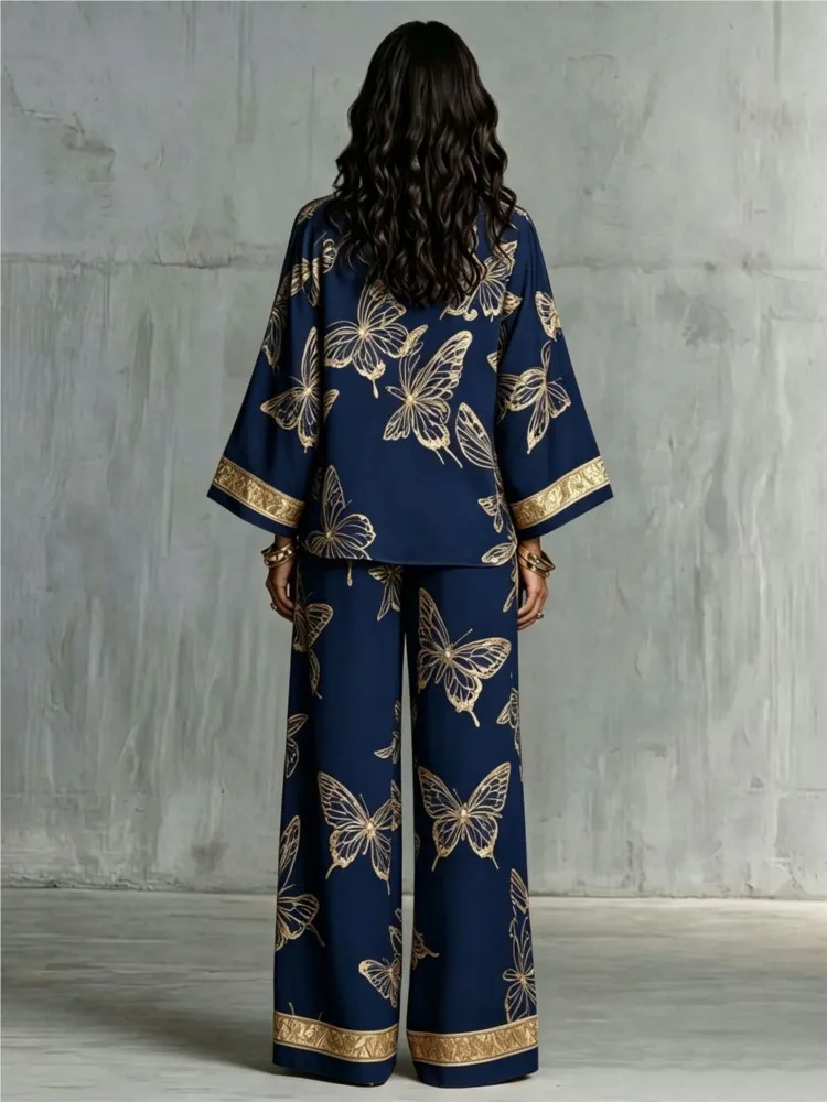 Women's Fashion Butterfly Print Golden Trim Two Piece Sets Spring Fall Lapel Zipper Top & Wide Leg Pants Holiday Matching Suit
