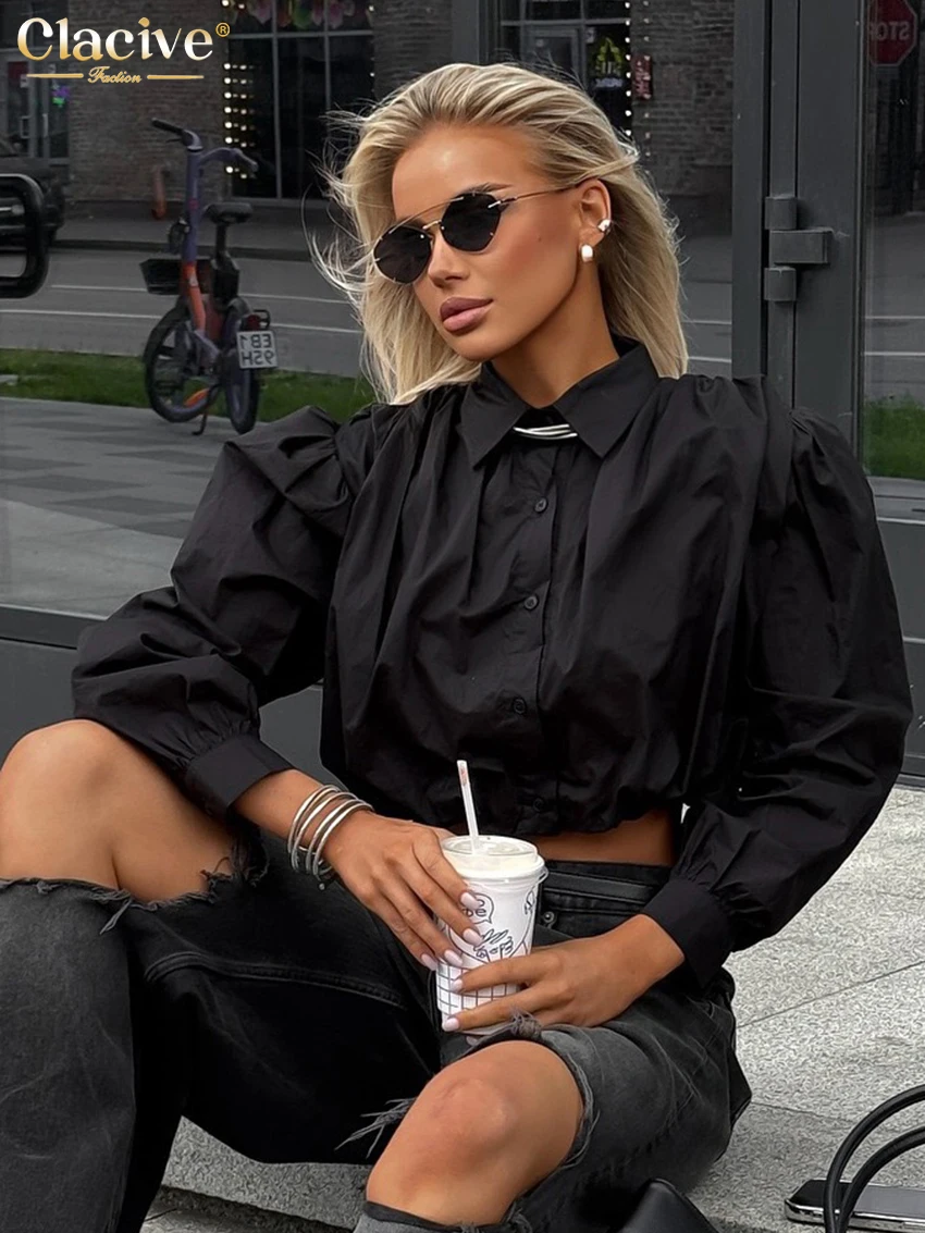 Clacive Mode Lose Schwarz Baumwolle frauen Hemd 2025, Sexy Revers Langarm Shirts Elegante Klassische Crop Top Weibliche Kleidung