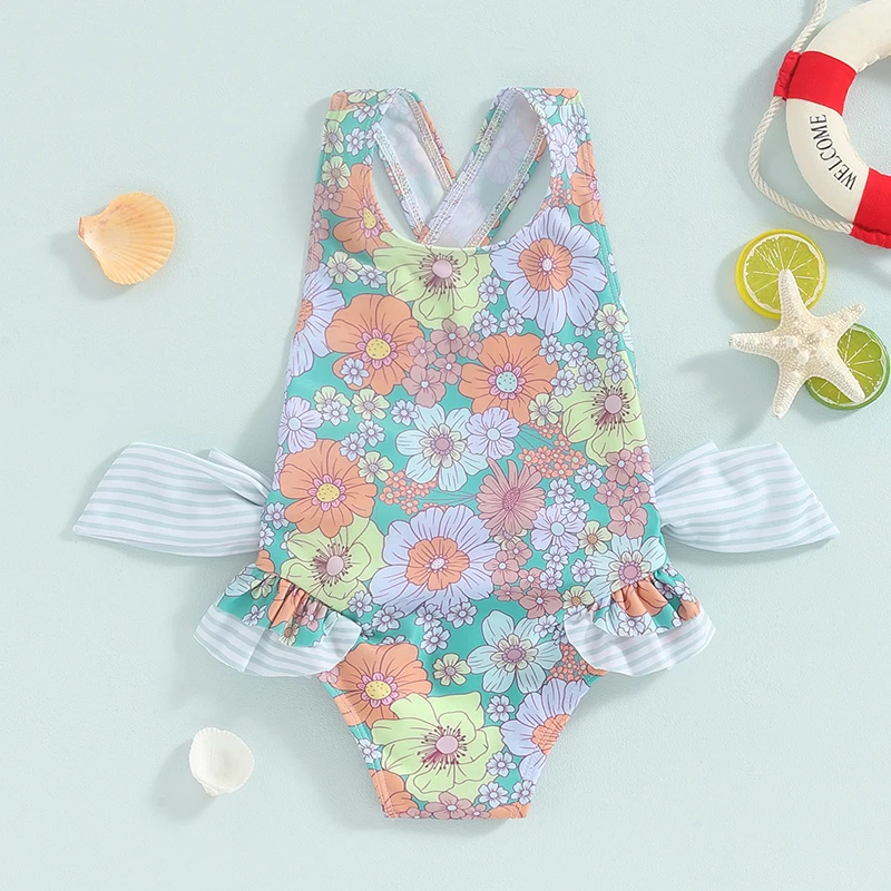 Toddler Baby Girl Swimsuit Summer Sleeveless Cross Backless Bikini Bathing Suit Floral Print Romper Swimwear Beach Wear