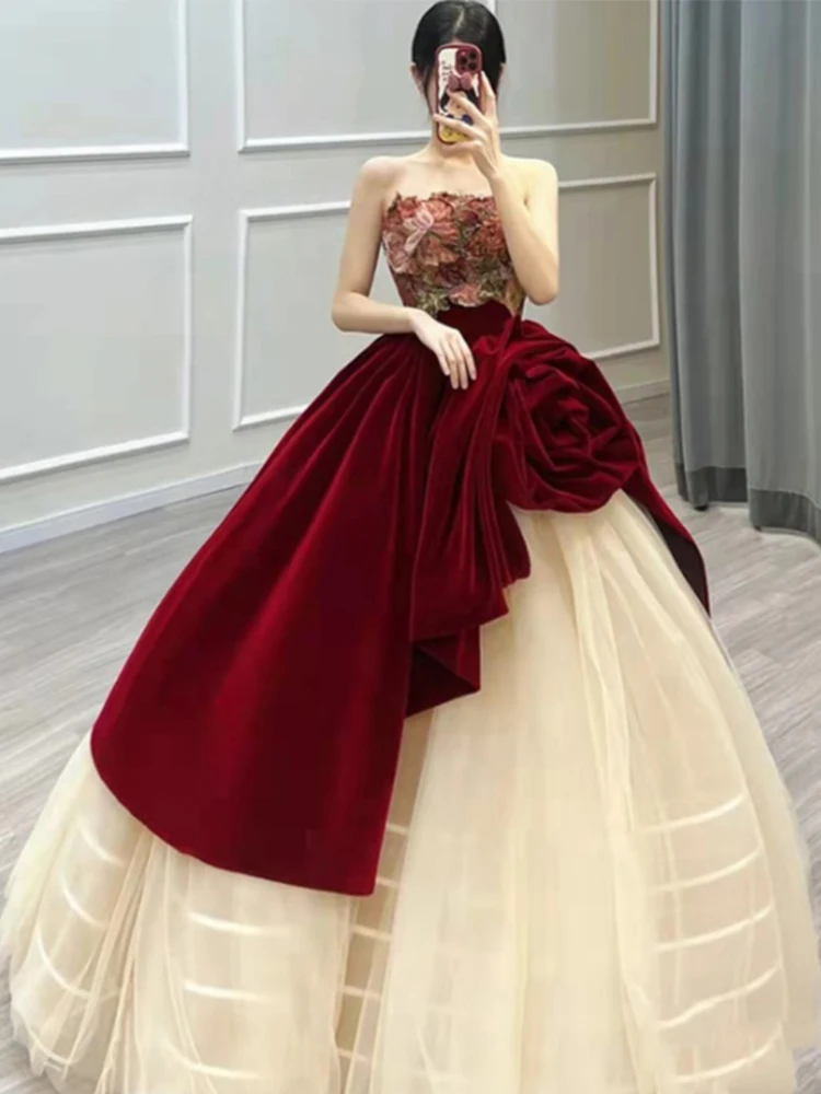 

Wedding Dr Rose Knight Bride Wine Red Colorl Bridesmaid Dr High Waist Princ Sle Long Skirt with Flowers