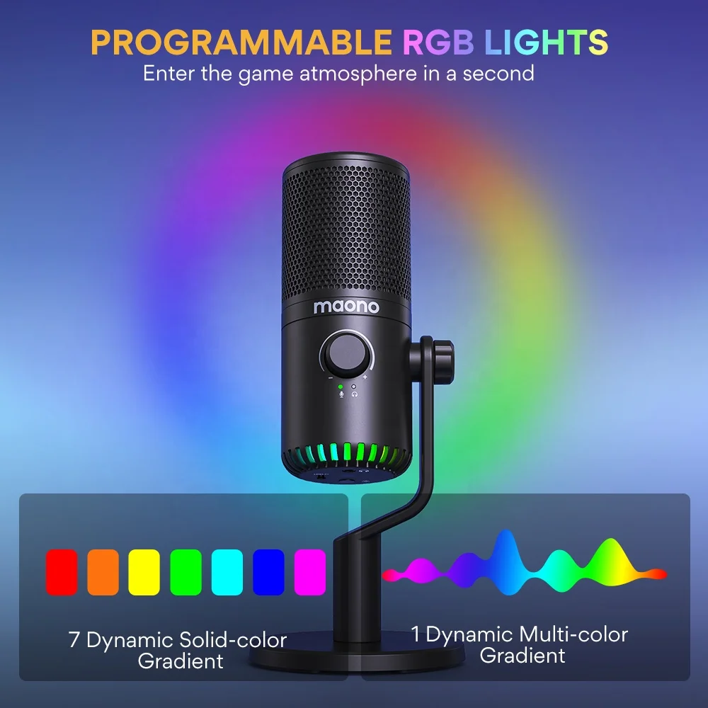MAONO PC Programmable RGB Gaming Microphone for PC Gamer YouTube Podcast Mic Mute Headphone Jack Gain USB Condenser Microphones view 3
