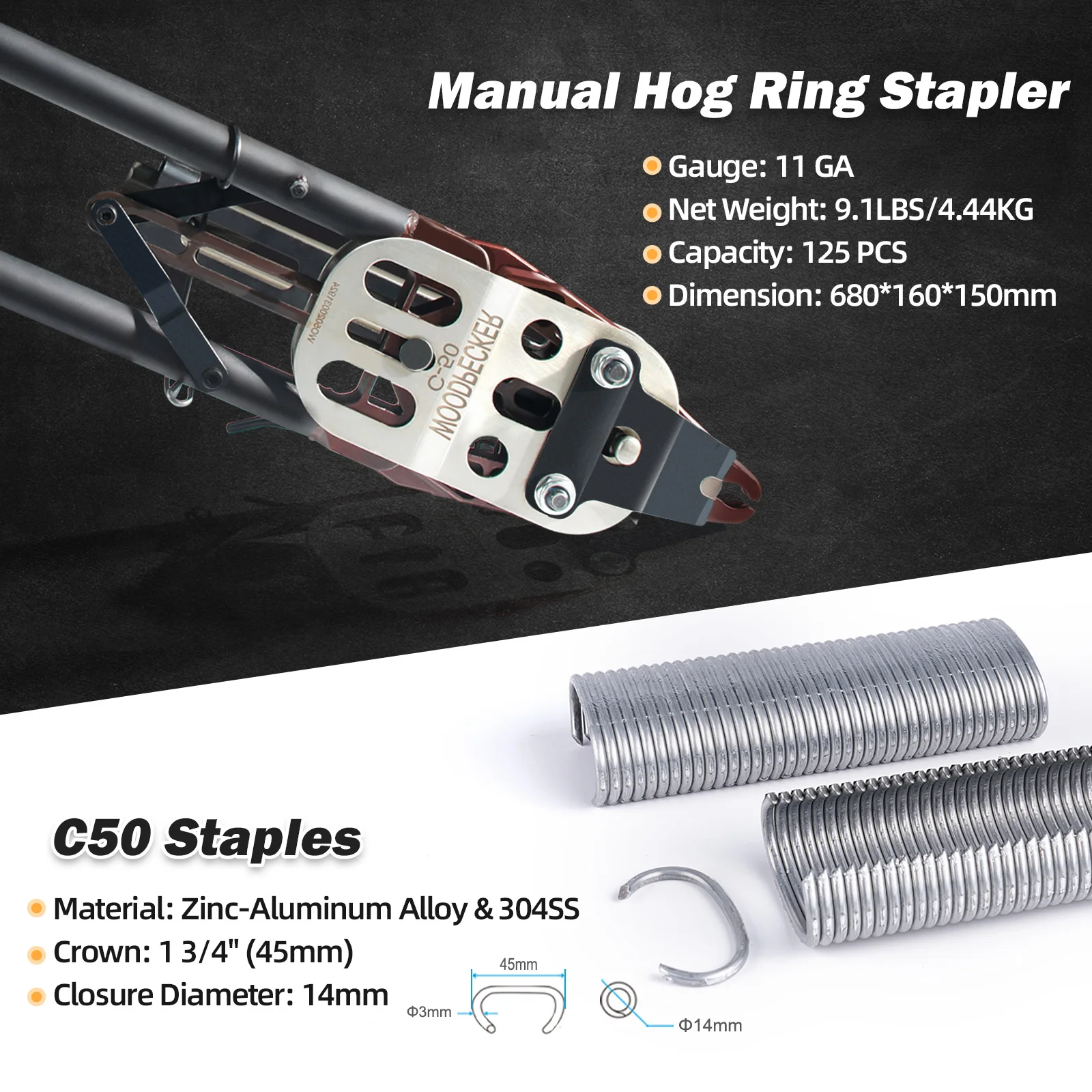 WOODPECKER C50 11 Gauge Manual Hog Ring Plier 1-1/2-Inch Crown 13.5-14mm Closure  for Wire Cages, Gabion Fastening