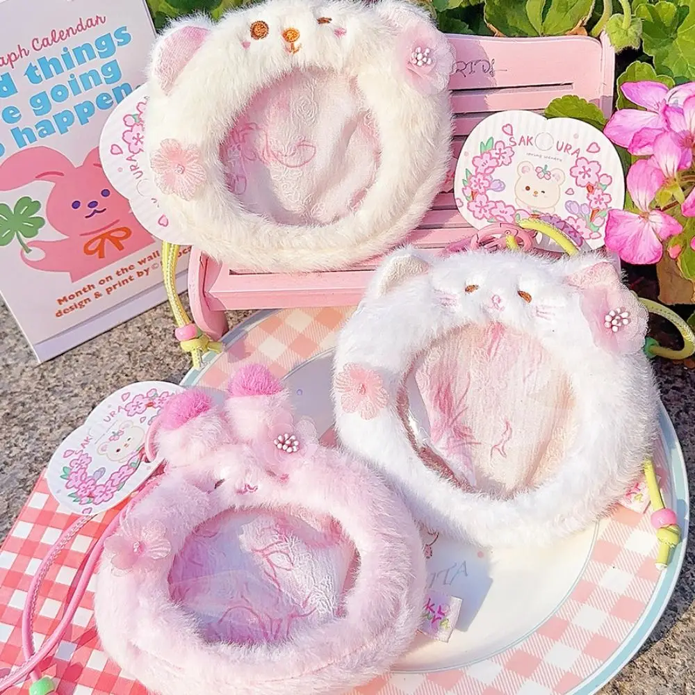Storage Bag Plush Animal Zero Wallet Pink Soft Cat Plush Purse Creative Cartoon Transparent Badge Bag Girls