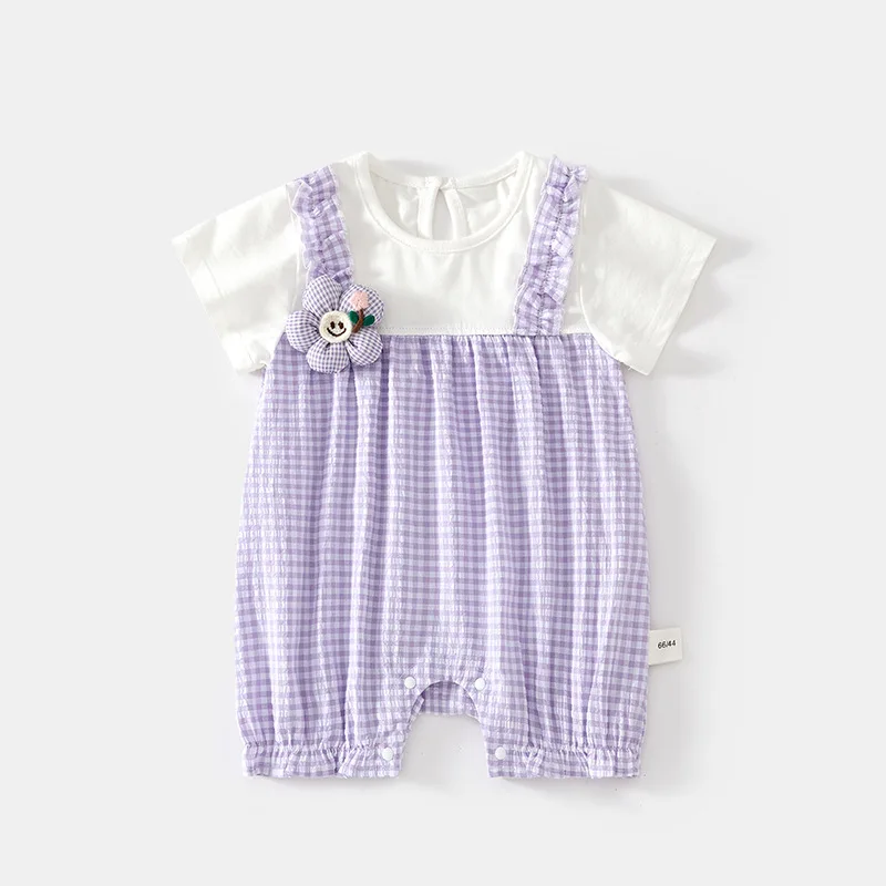 Baby Summer Short Sleeve Rompers Baby Summer Ultra-Thin Plaid Strap Romper Children Gown Newborn Romper