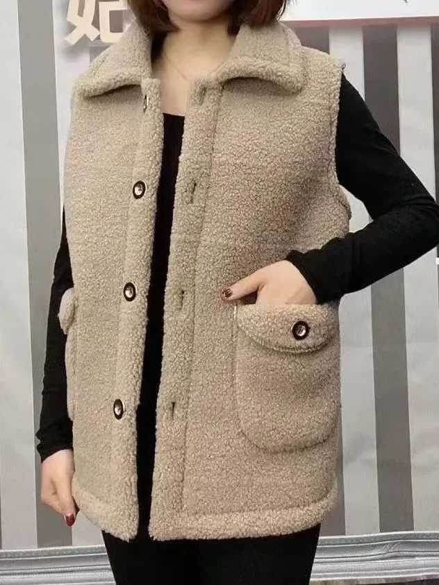 

Жилет из овечьей шерсти с начесом для женщин среднего возраста, зимняя одежда, теплый, с высоким тепловым индексом, стандартной длины, с воротником