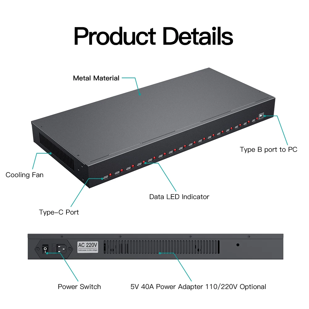 Sipolar A-165C 200W powered 16 port USB C Type-C 2.1A  data and charger hub for EIA-standard 19\