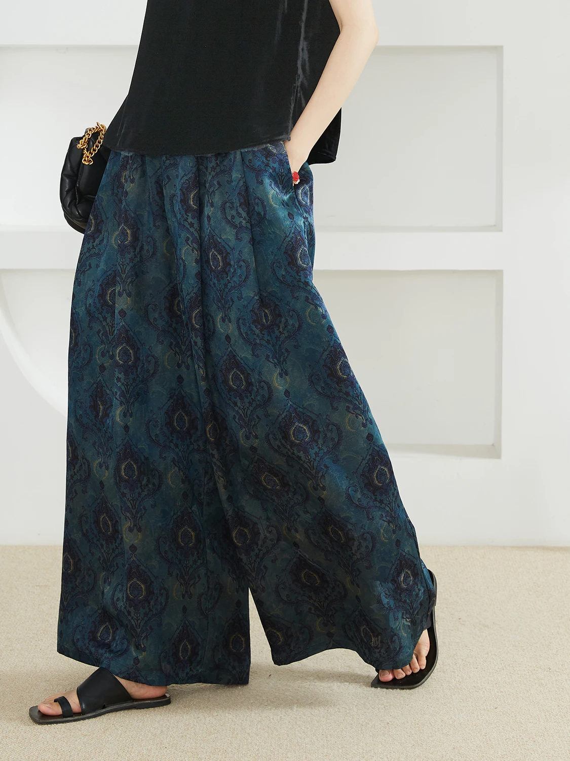 National Style Printed 100% Natural Mulberry Silk Fragrant Cloud Yarn Casual Elastic Waist Women's Fashionable Wide Leg Pants