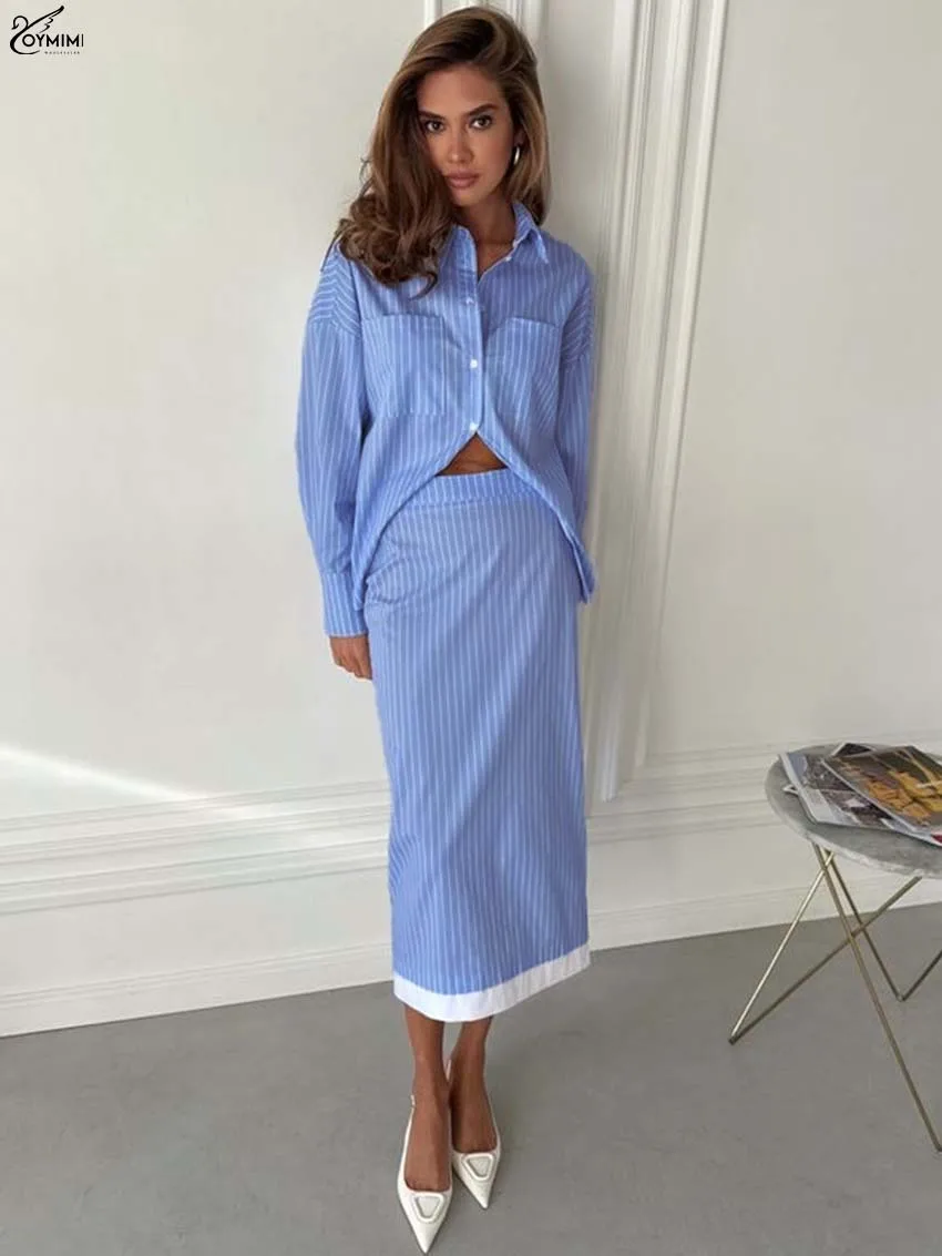 

Oymimi Fashion Blue Print Woman 2 Piece Set Outfit Casual Long Sleeve Pockets Button Shirts And Patchwork Straight Skirts Sets