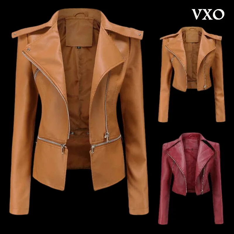 VXO Fashion Women's Leather Jacket Bright Colors Motorcycle Coat Faux Zipper Turn-down Collar Soft Leather Jacket Female