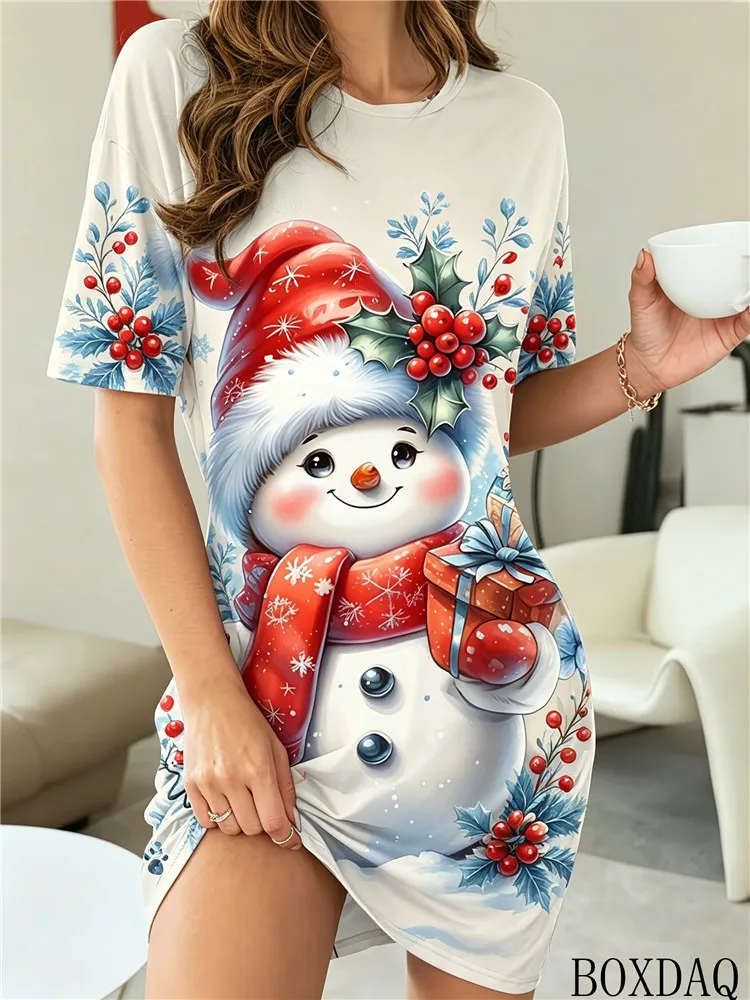 Women's Fashion Summer Dresses 2026 Casual Christmas Snowman Pattern Printed Loose Round Neck Short Sleeve Home Dress