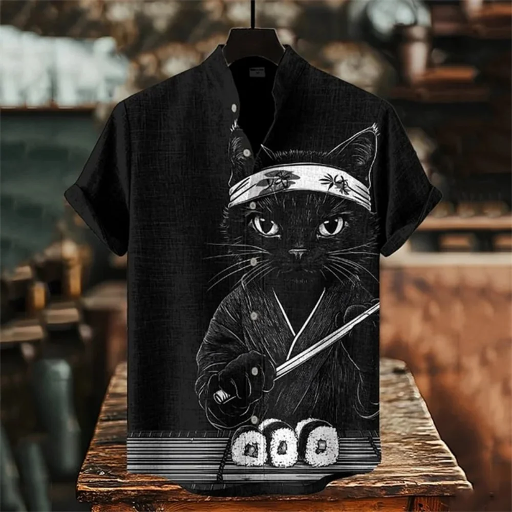 قميص رجالي عصري بياقة واقفة ونمط الحوت وأكمام قصيرة وأزرار قميص عالي الجودة ملابس خروج جديدة 2025