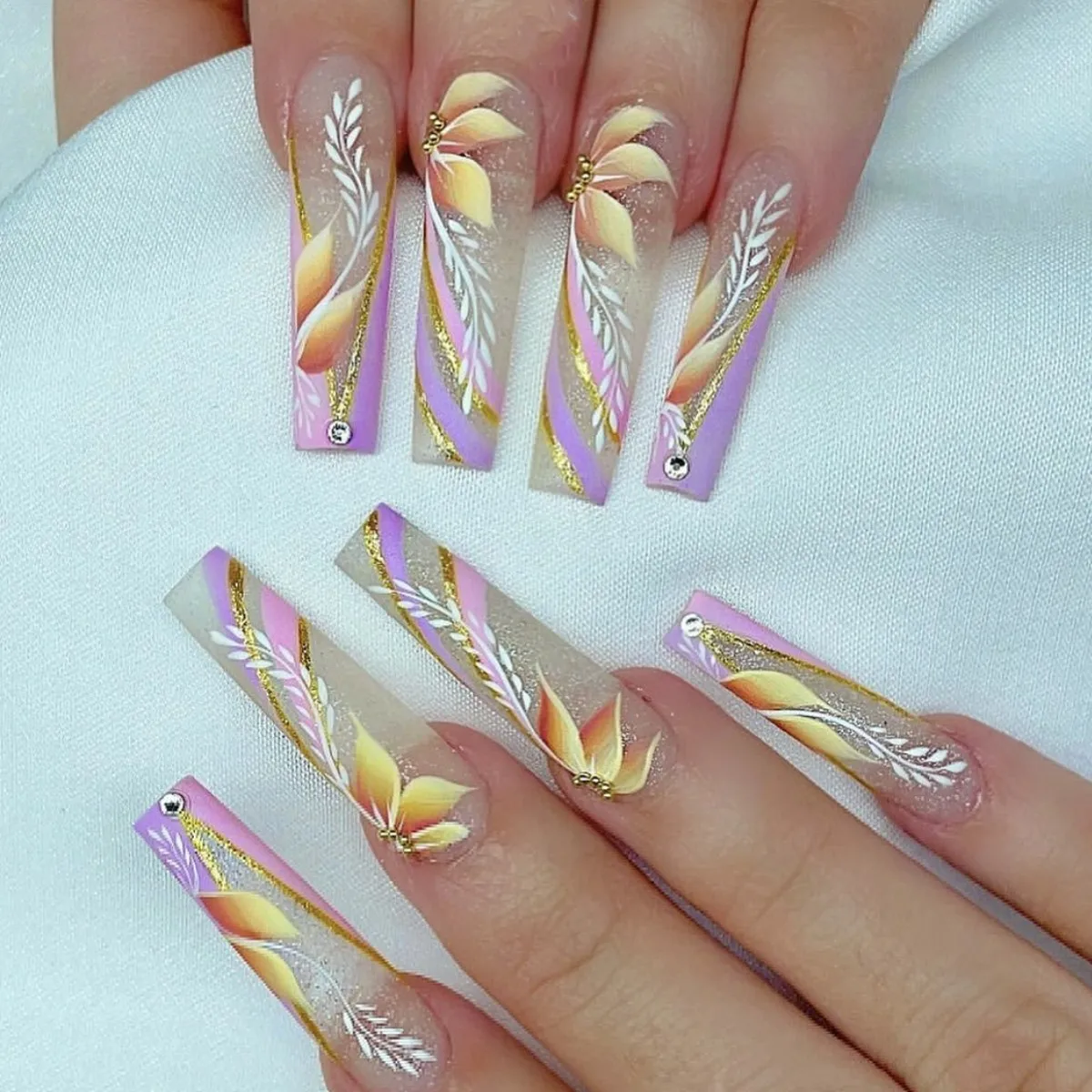 24pcs/set long fake nails accessories french coffin tips gold glitter ear of wheat designs manicure supplies press on false nail