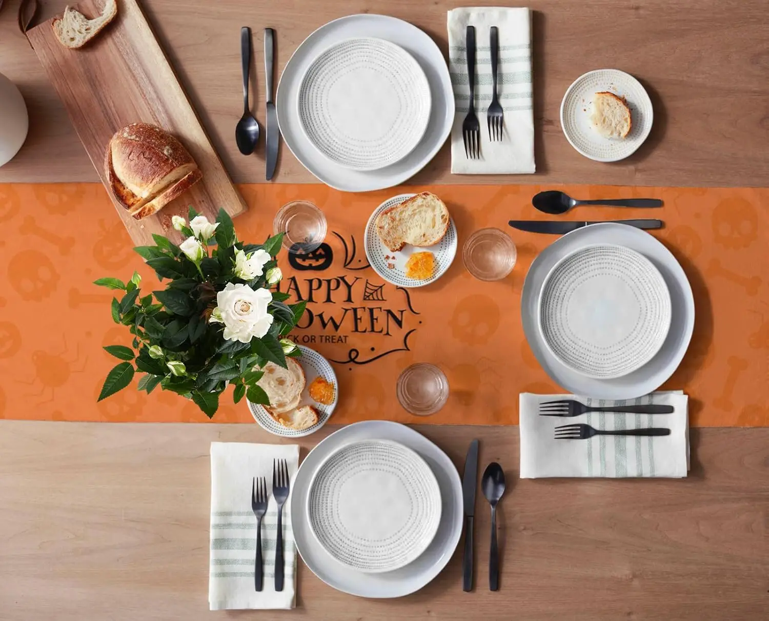 Halloween Trick or Treat Fall Pumpkin Orange Linen Table Runners Dining Room Decor Reusable Dining Table Runners Halloween Decor