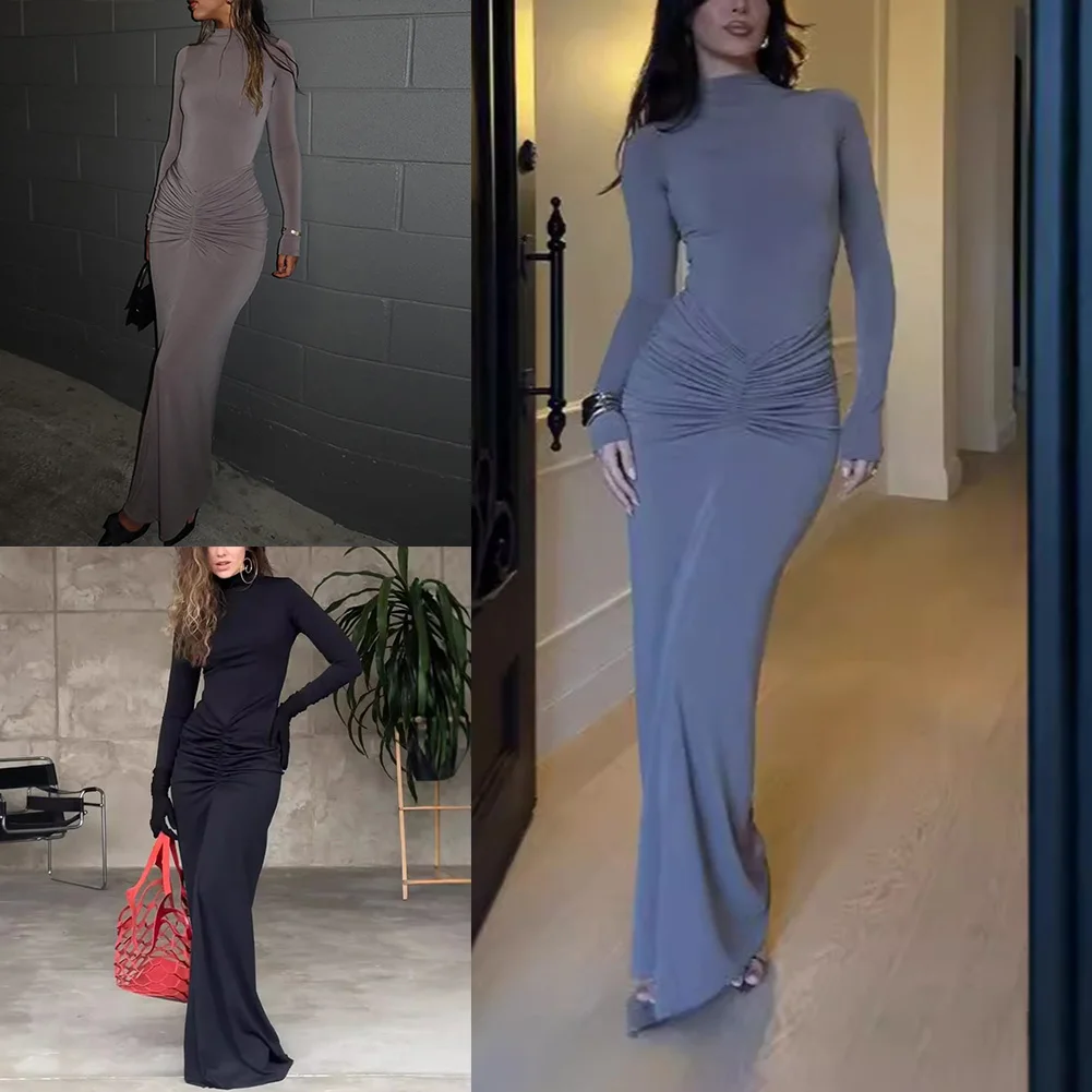 Robe cintrée femmes robe Maxi décontracté sortie soirée événement gris vacances printemps automne robe vacances vêtements