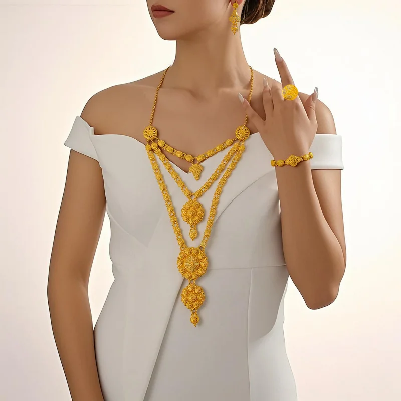 

4pcsJewelry Suit Bride Wedding Jewelry Alloy Long Necklace Bracelet Ring Earrings Hot Selling Product