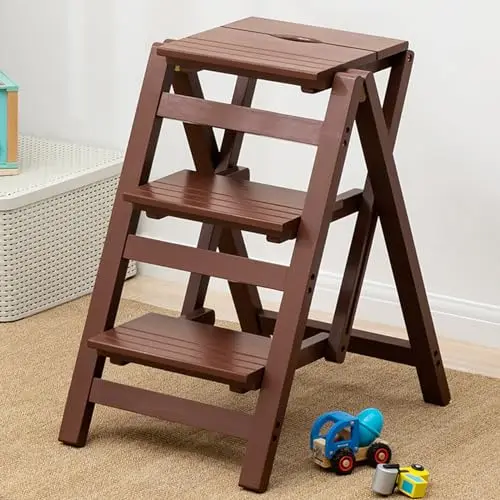 Solid Wood Folding Step Ladder, Portable 2/3/4 Step Stool, Lightweight Step Ladder Shelf for Kitchen Household Library