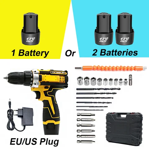 리튬 전기 드릴 1 또는 2 배터리 전기 스크루 드라이버 핸드 전기 드릴 전기 도구 세트 다기능 액세서리 상자