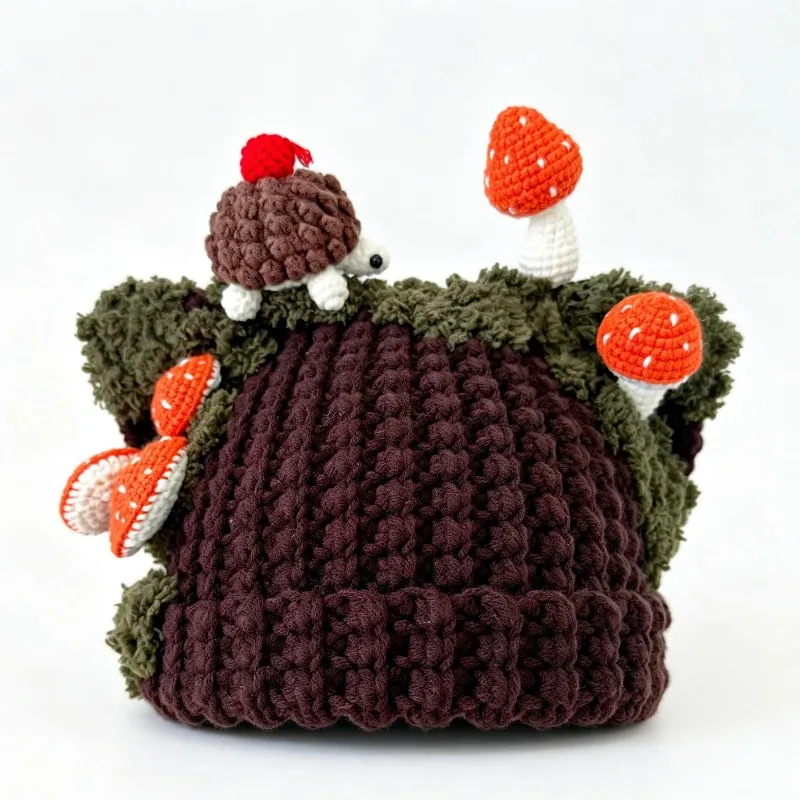 Handmade Brown Mushroom Cat Ear Hat Men Custom Crochet Hedgehog Knitted Winter Warm Beanie Women Cottagecore Cosplay Kawaii Caps