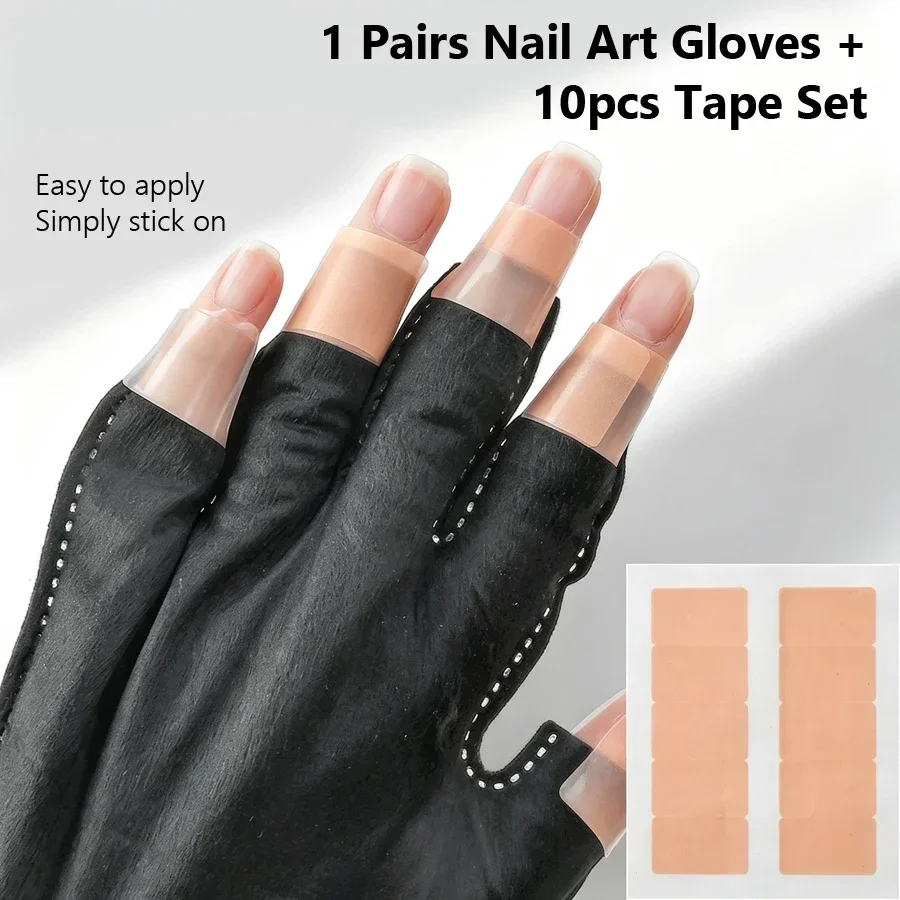 1/5 Set Disposable Nail Art Open Finger UV Protection Gloves, Nail Lamp Anti‑UV Exposure with Fixing Adhesive Tape Sticker Set
