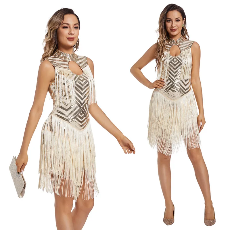 

Women Great Gatsby Costume Sexy Sequin Studded Host Tassel Dress 1920s Fashion Banquet Evening Dress Sequined Mini Dress Gold