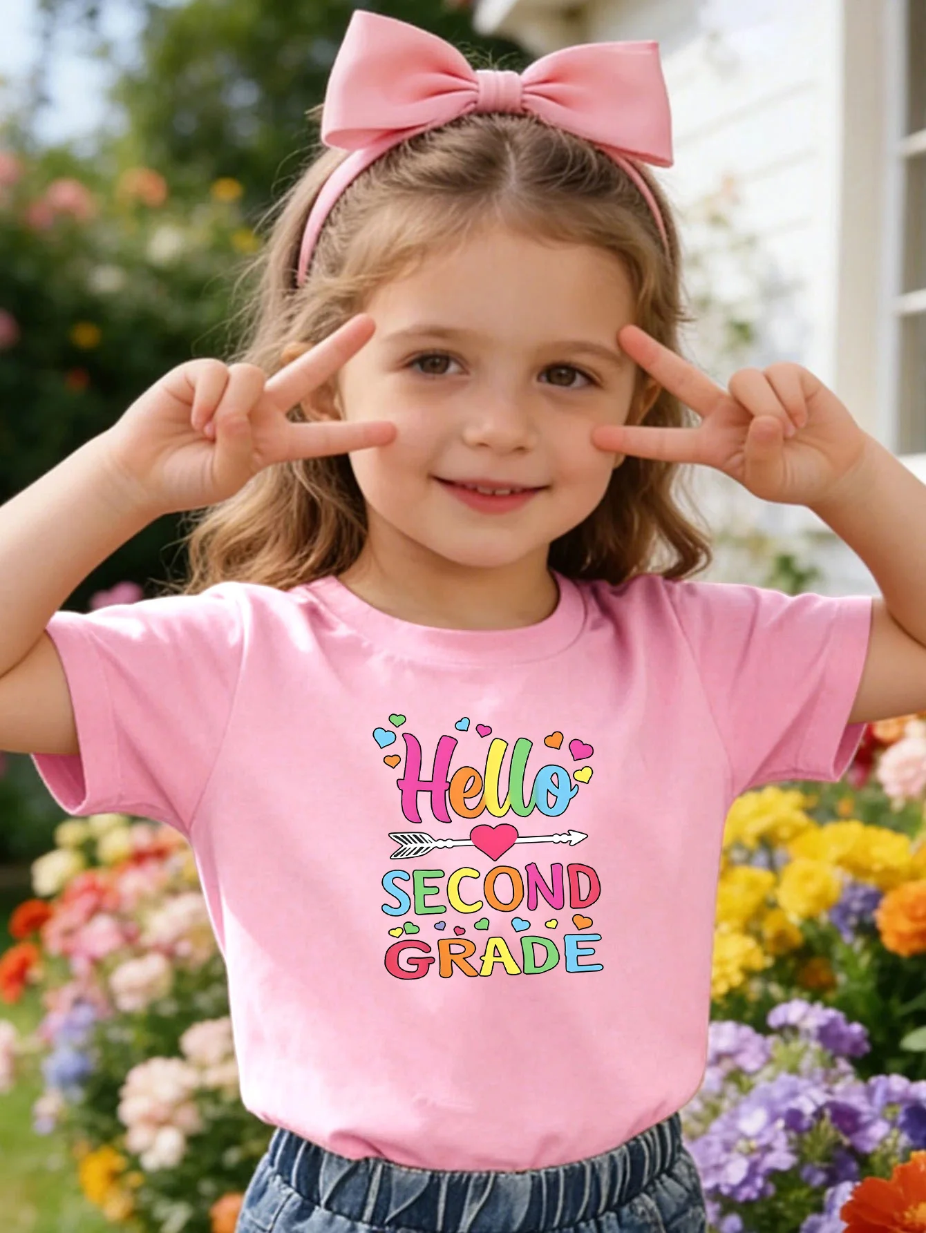 Cheerful Hello Second Grade Letter Kids Tee Boys Girls Family Matching Cotton Crew Neck Short Sleeve Soft Casual Summer Tee