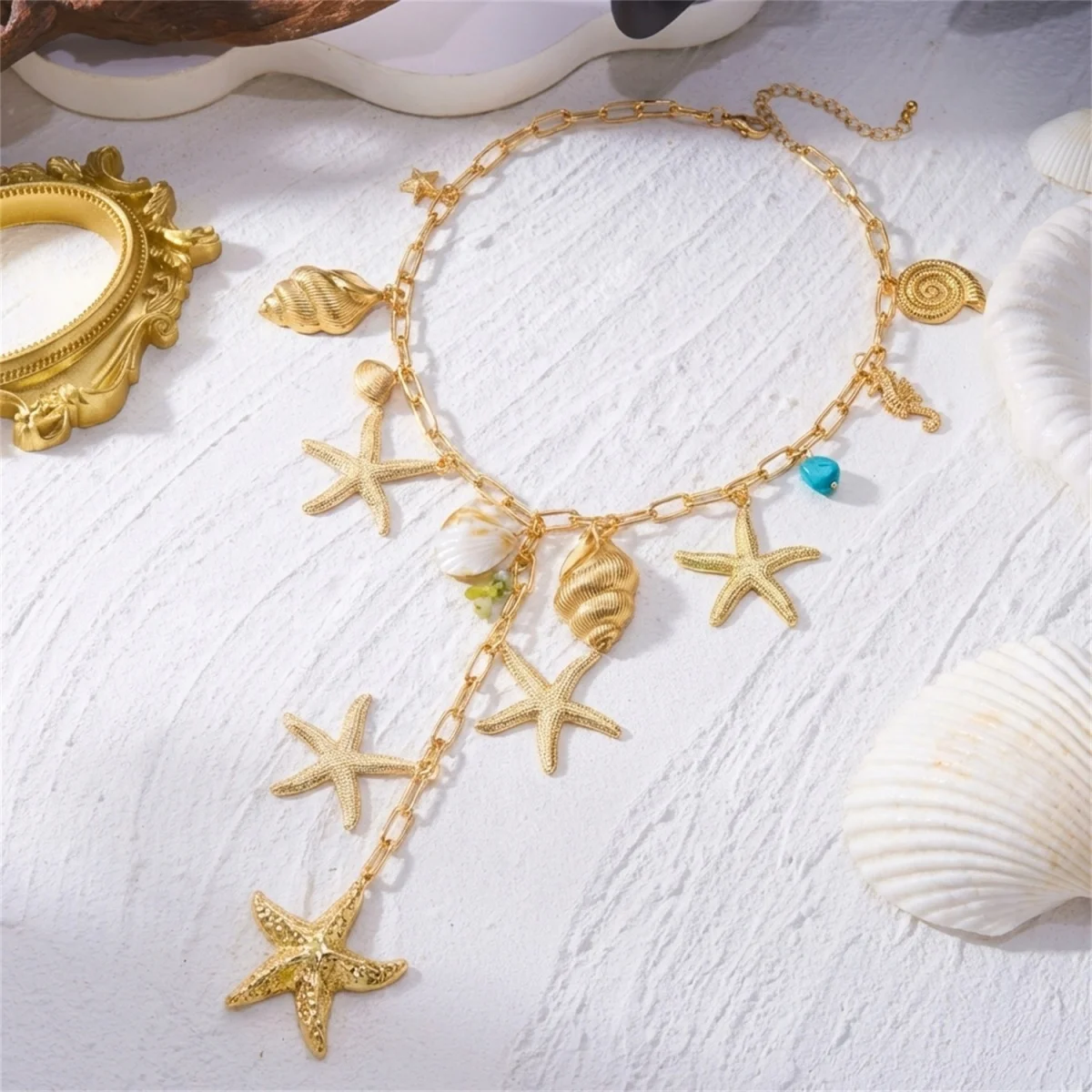 Boho Sommer Strand Metall Seestern Muschel Seepferdchen Anhänger Y-förmige Halskette für Damen und Herren, Seestern Urlaubs-Choker Schmuck – Detail 13