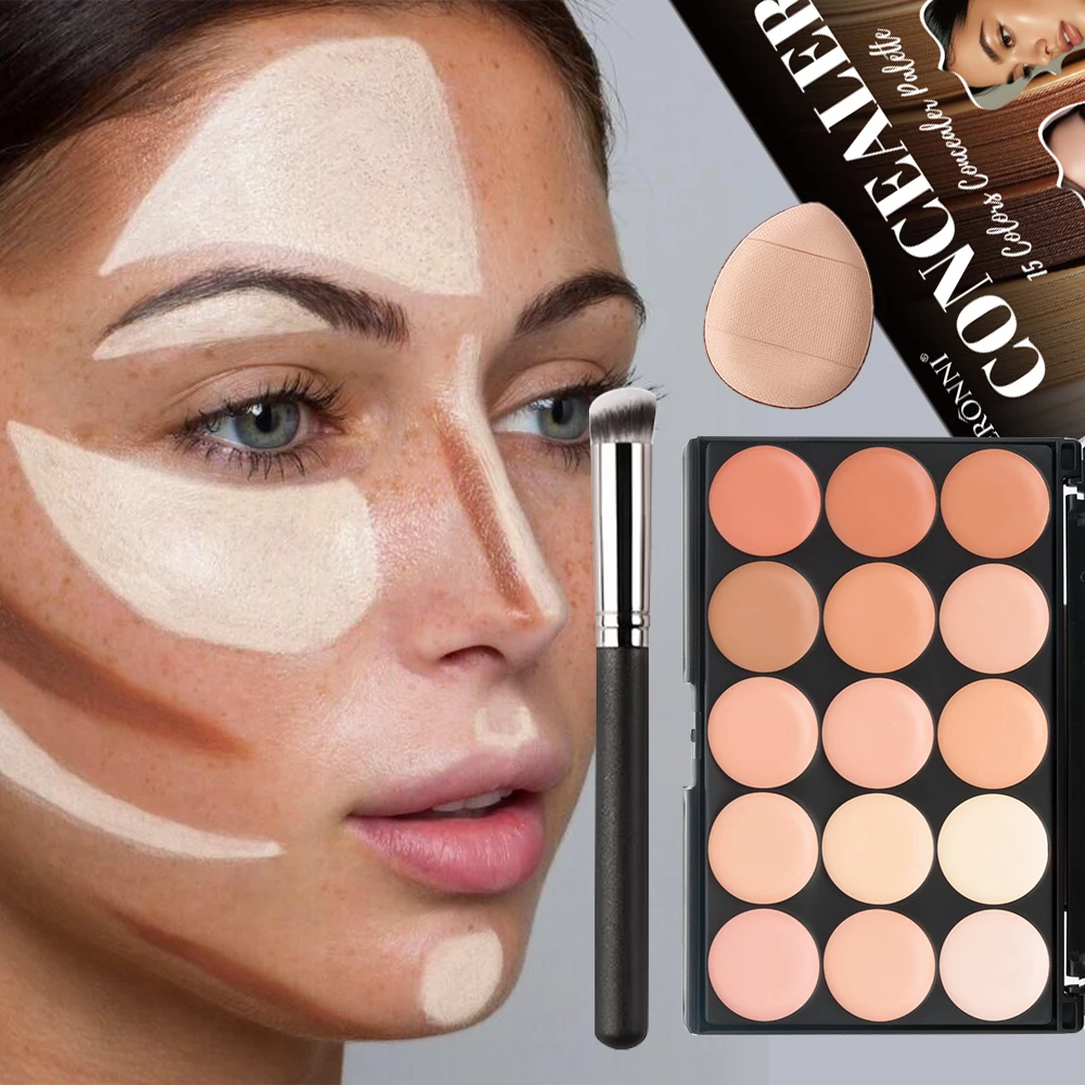 3pcs Face Makeup Kit for 15 Colors Concealer Palette with Free Brush and Thumb Sponge,Full Coverage Contour Camouflage Concealer