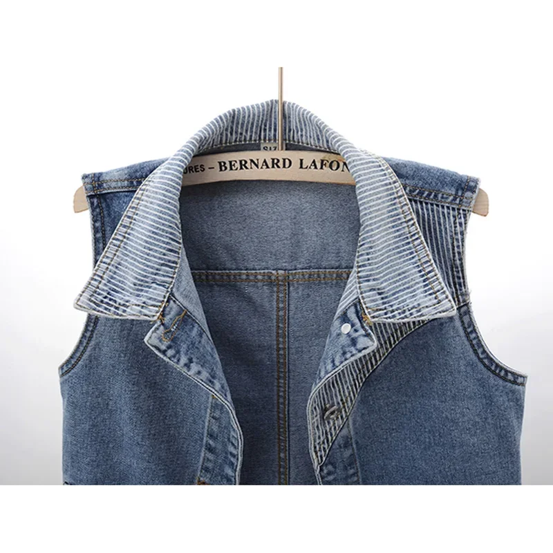 

Casual Short Denim Vest Women Waistcoat Vintage Blue Jeans Vests Fashion Striped Splicing Pocket Sleeveless Jacket Female