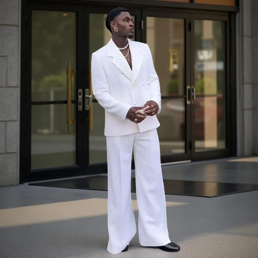 

White Double Breasted Suits for Men 2 Pieces Set African Fashion Jacket with Wide-leg Pants Wedding Tuxedo Party Business Suit