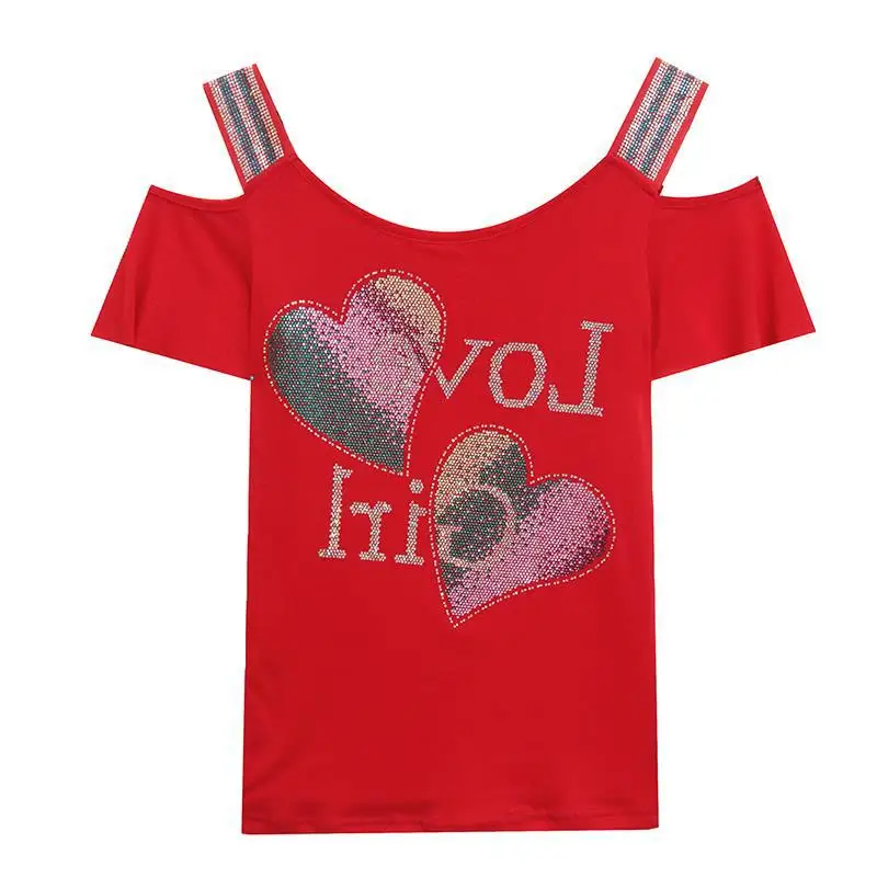 

Высококачественная летняя женская футболка с блестящими цветами и бриллиантами, новая мода, сексуальные сетчатые топы с открытыми плечами, женские футболки с короткими рукавами