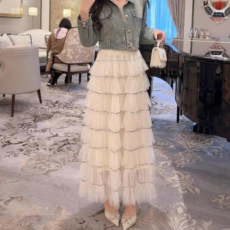 Elegant High Waist A-Line  Skirt with Lace And Sequin Splicing Heavy Embroidery Cake Style Polyester Fiber Skirt for Women