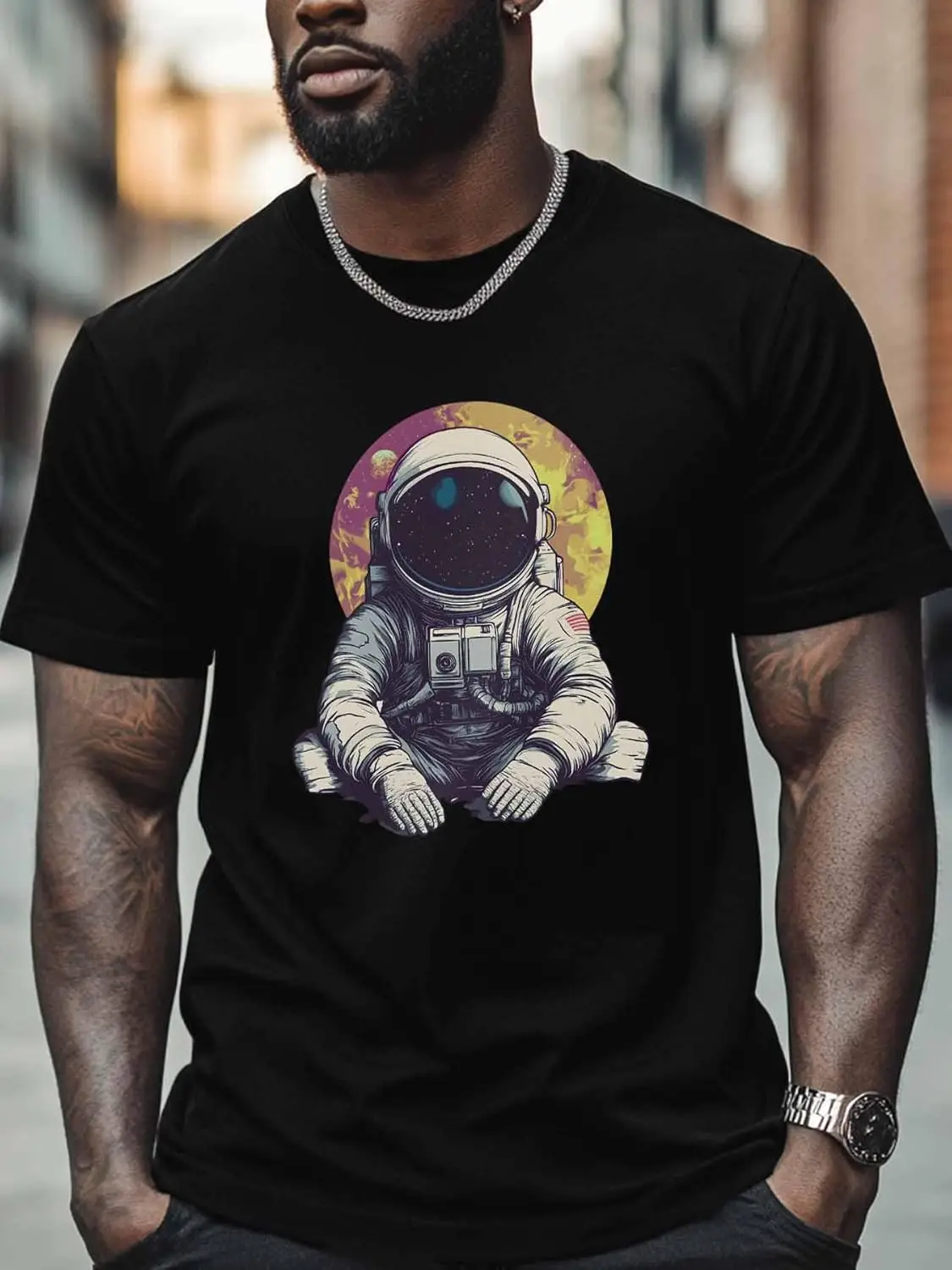 

Astronaut Sitting Graphic Tee Men Short Sleeve Cotton Casual Crew Neck T-Shirt for Teens