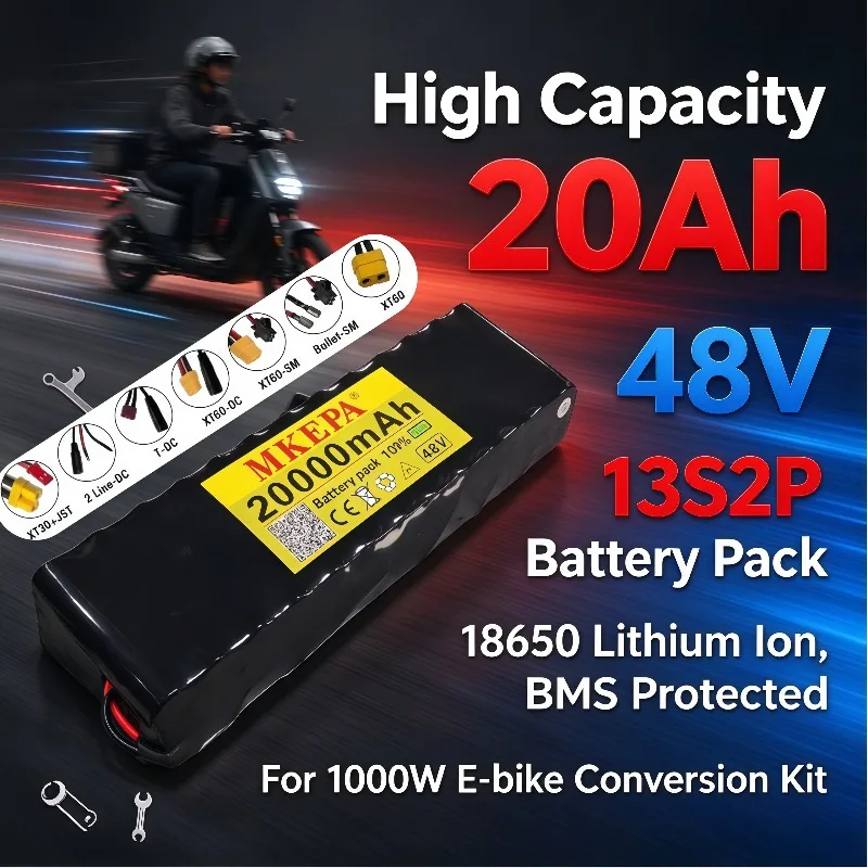 MKEPA 48V 13S2P 20Ah 18650 Battery Pack, Large Capacity Battery for 750W Electric Motorcycle Scooter