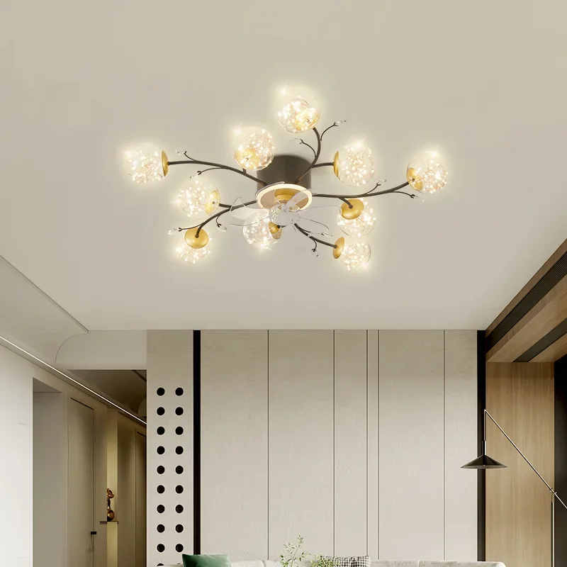 Modern Starry Sky Fan Light Remote Control Silent LED Fan Suitable Living Room Bedroom Dining Room Home Decoration Ventilation