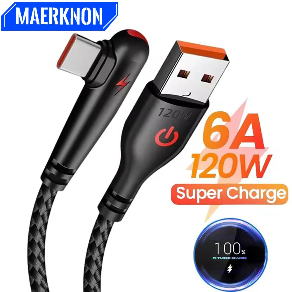 120W USB Type C Cable 90 Degree Elbow Fast Charging Phone Charger Data Cord For Samsung Xiaomi Huawei Quick Charge USB C Cable