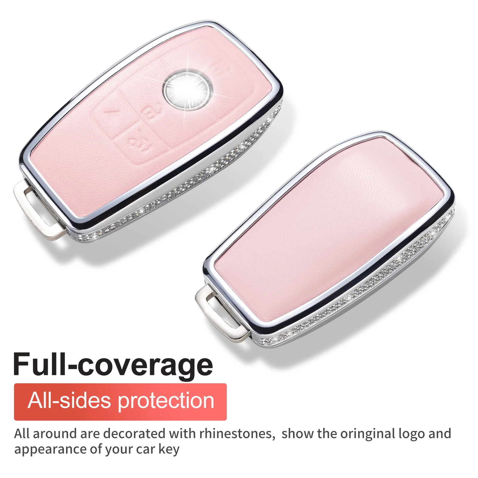 for Mercedes Benz Key Fob Cover with Keychain, Pink Genuine Leather Crystal Key Case Protection Shell Compatible with A C G E S