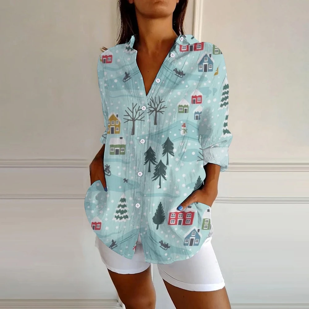 Winter Wonderland Printed Lapel Button-Down Shirt Charming Countryside Light Blue Linen Set Top Comfort Woman's Chic Outfit