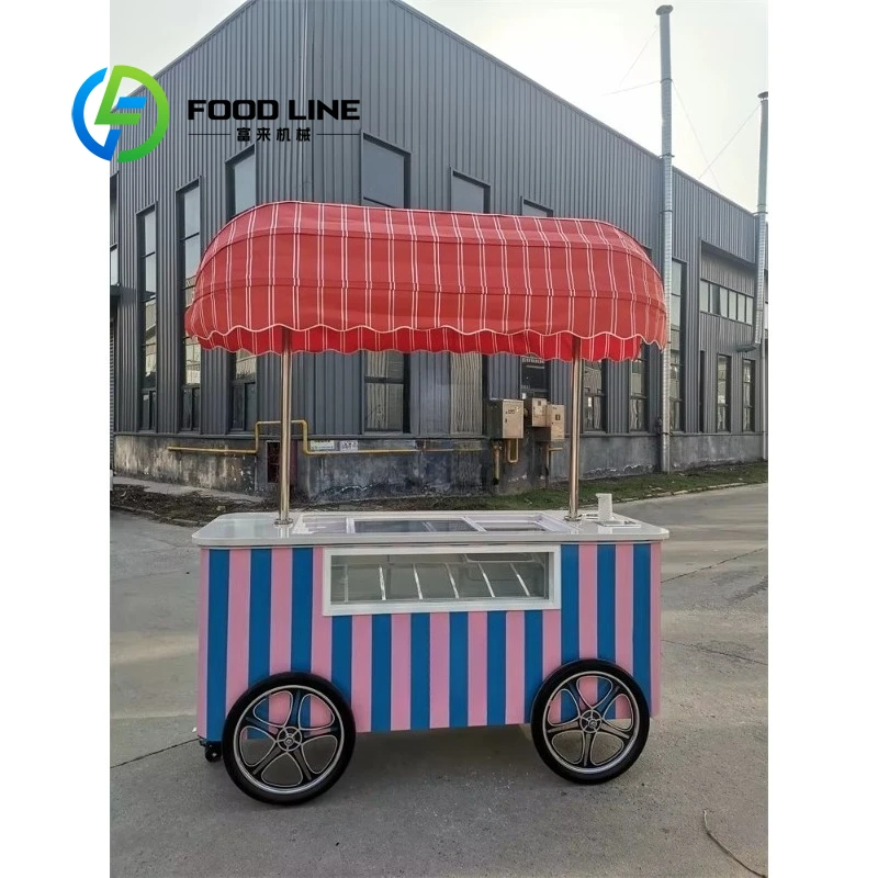 Customized Mobile Italian Ice Cream Hand Push Cart With Display Freezer Commercial Gelato Vending Stand